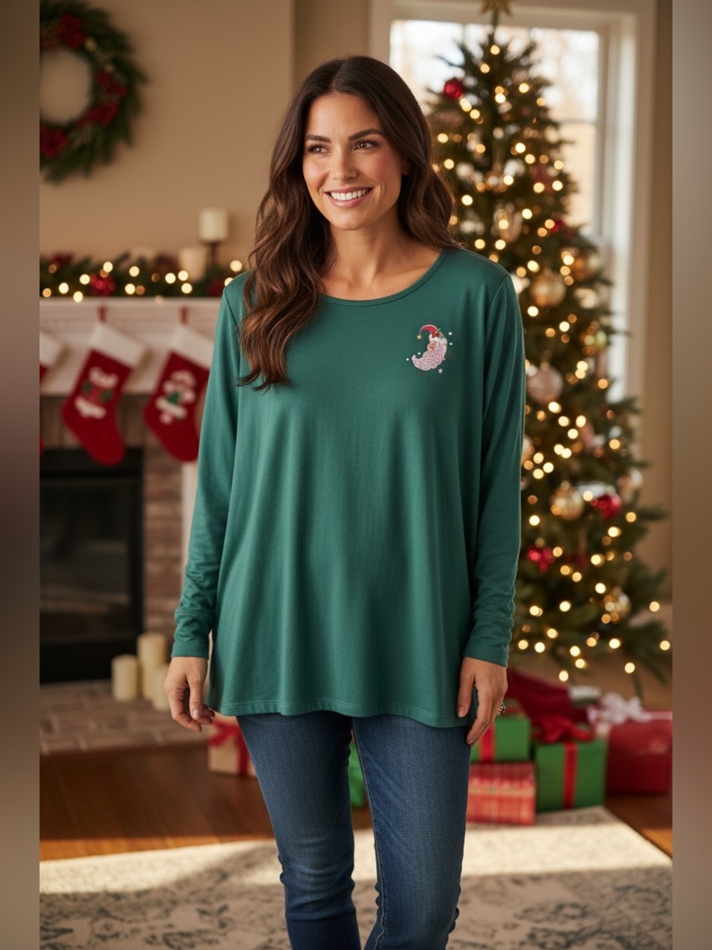 Quacker Factory Teal Green Long-Sleeve Top with Embroidered Santa